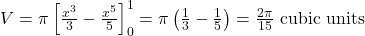 V = \pi \left[ \frac{x^3}{3} - \frac{x^5}{5} \right]_{0}^{1} = \pi \left(\frac{1}{3} - \frac{1}{5}\right) = \frac{2\pi}{15} \text{ cubic units}