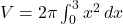 V = 2\pi \int_{0}^{3} x^2 \, dx