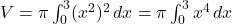 V = \pi \int_{0}^{3} (x^2)^2 \, dx = \pi \int_{0}^{3} x^4 \, dx