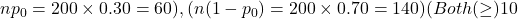 np_0 = 200 \times 0.30 = 60 ), ( n(1 - p_0) = 200 \times 0.70 = 140 ) (Both ( \geq ) 10
