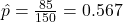 \hat{p} = \frac{85}{150} = 0.567